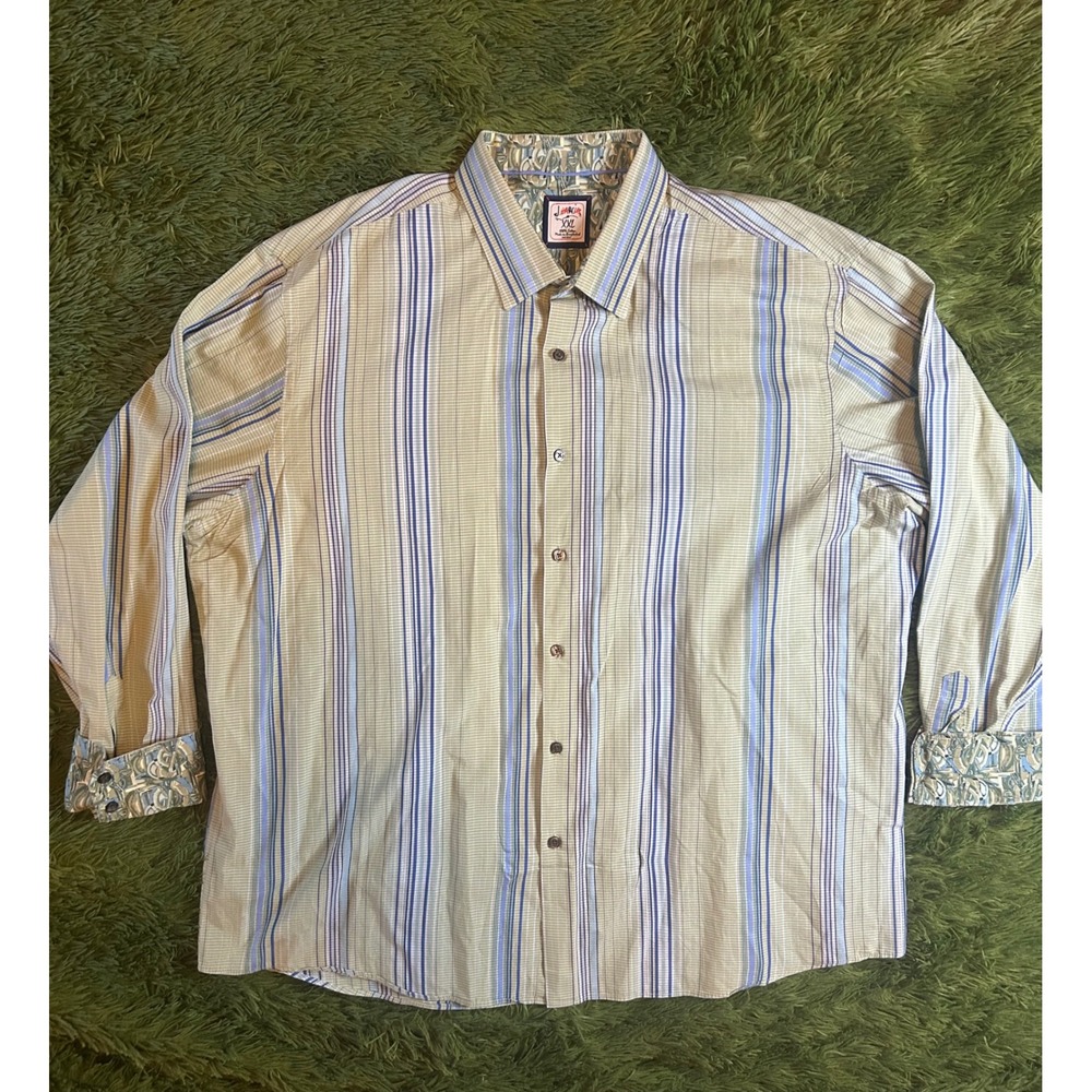 J. Garcia Button Down Mens XXL Tan Blue Striped Long Sleeve Flip Cuffs Shirt